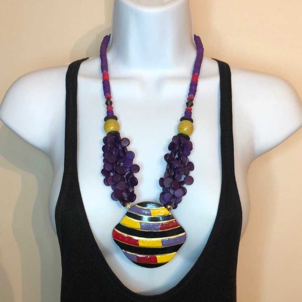 Vintage handmade colorful funky whimsy wooden statement necklace.